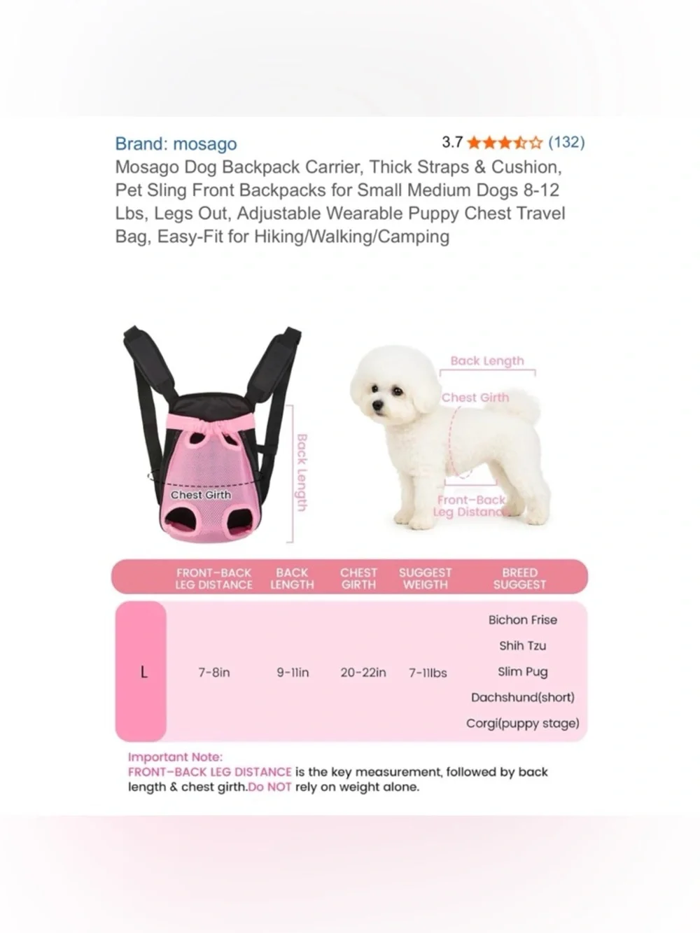 Pet Front Carrier Backpack for Dogs - Pink